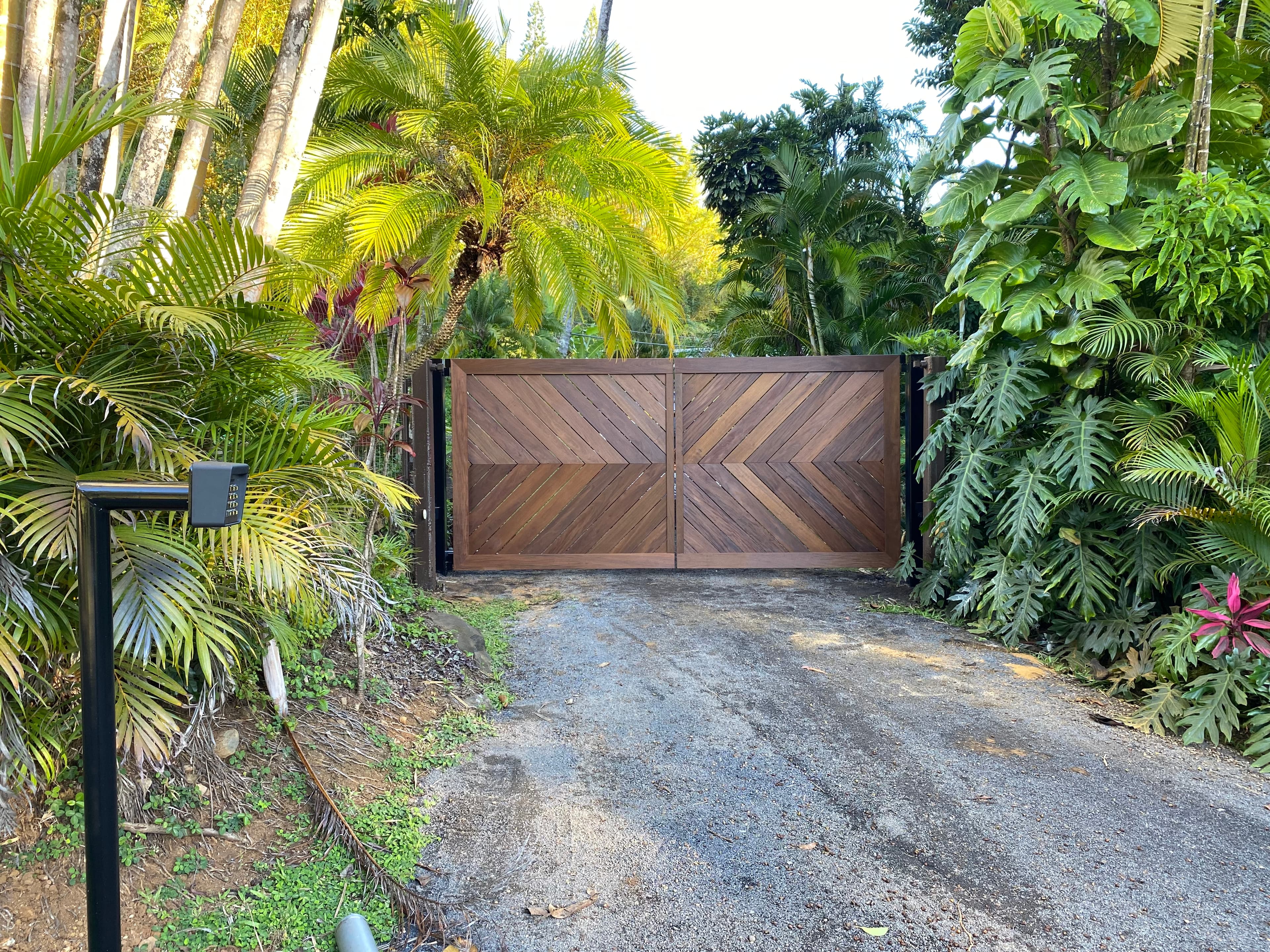 Chevron Hardwood Gate on Jungle Driveway — Maui